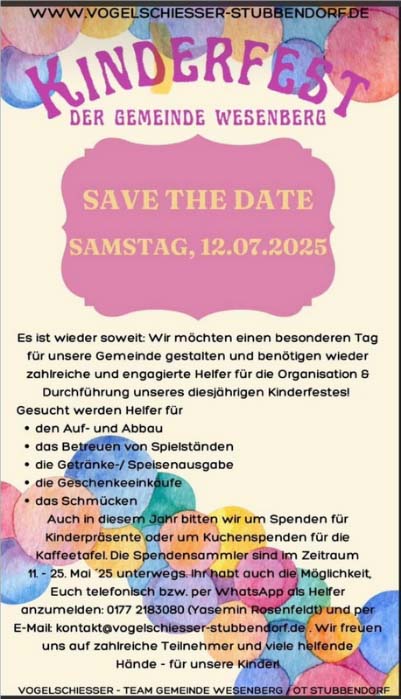 Kinderfest der Gemeinde Wesenberg
